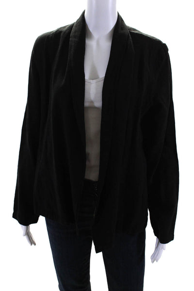 Eileen Fisher Womens Linen Open Front Long Sleeve Cardigan Sweater Black Size PL