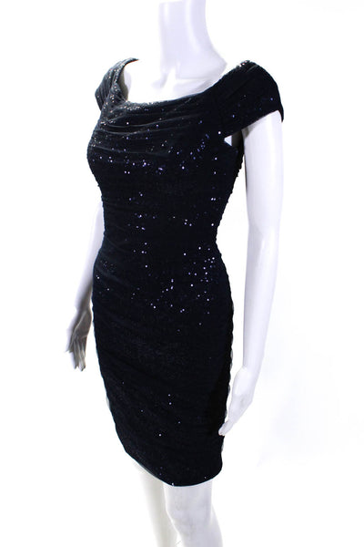 Lauren Ralph Lauren Womens Navy Mesh Sequins Ruched Bodycon Dress Size 0