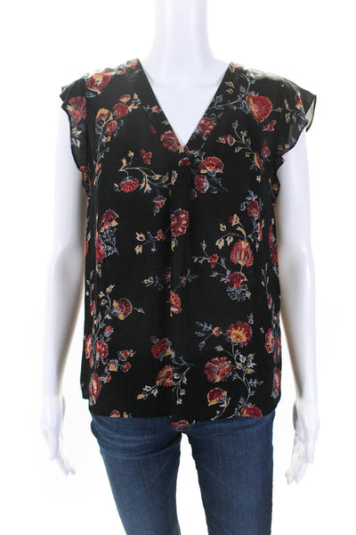 Joie Womens 100% Silk Floral Cap Sleeved V Neck Blouse Black Red Yellow Size XS