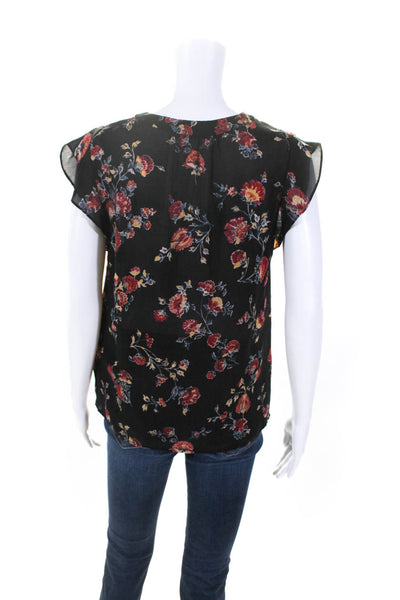 Joie Womens 100% Silk Floral Cap Sleeved V Neck Blouse Black Red Yellow Size XS