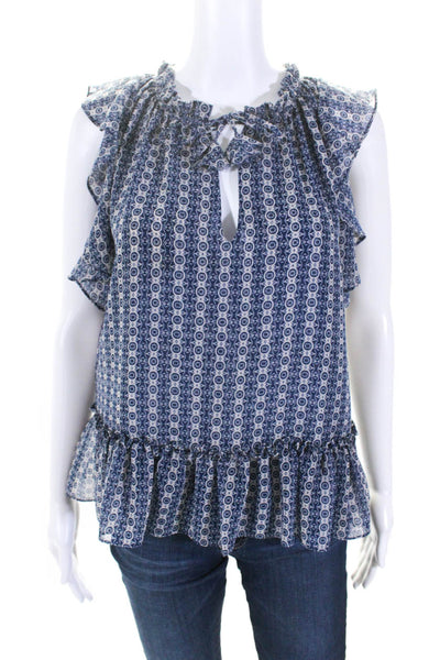 Misa Womens Patterned Ruffled Short Sleeve Tied V Neck Blouse Blue White Size XS