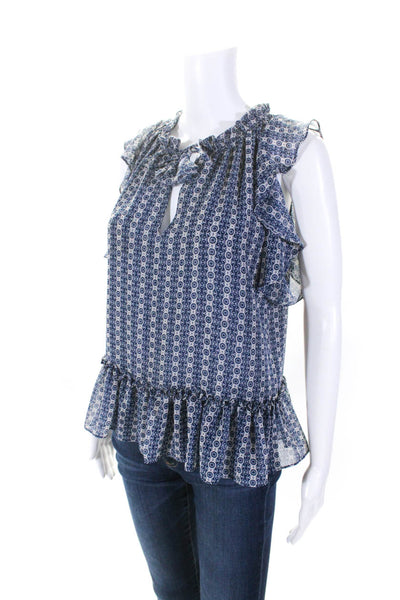 Misa Womens Patterned Ruffled Short Sleeve Tied V Neck Blouse Blue White Size XS