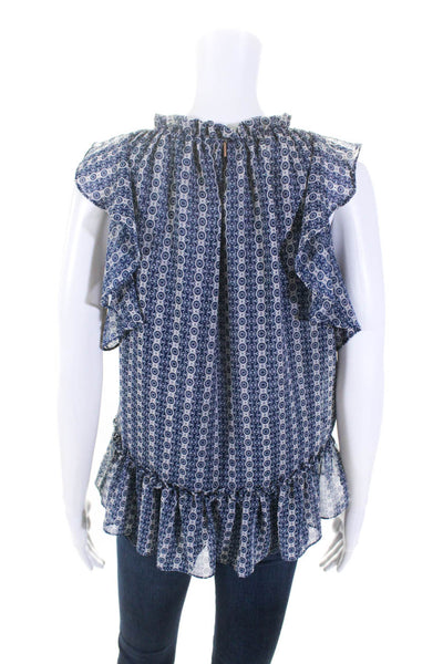 Misa Womens Patterned Ruffled Short Sleeve Tied V Neck Blouse Blue White Size XS