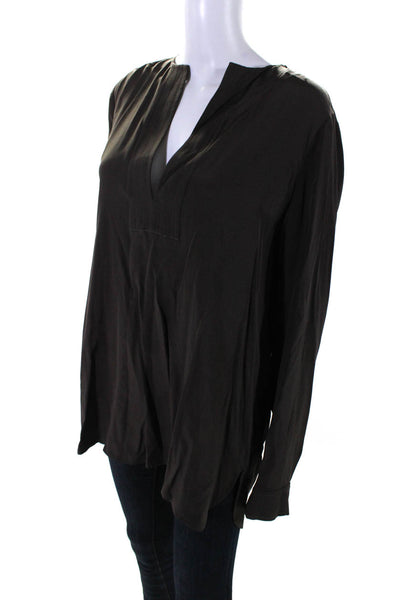 Vince Womens Solid Chocolate Silk V-Neck Long Sleeve Blouse Top Size 12