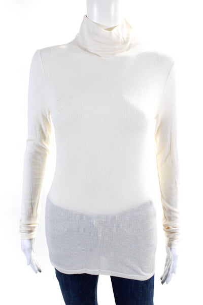Theory Womens Cotton Long Sleeve  Mock Neck Ribbed T shirt Cream Size S