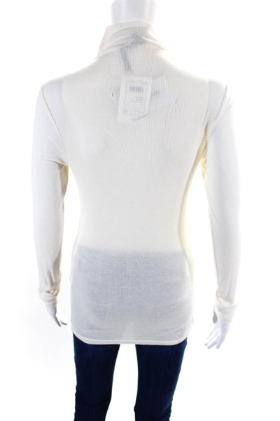 Theory Womens Cotton Long Sleeve  Mock Neck Ribbed T shirt Cream Size S