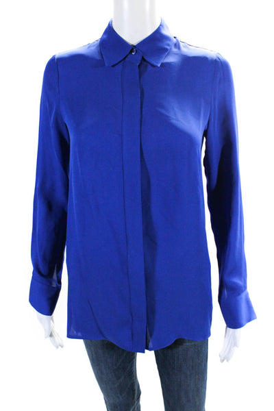 Vince Womens Silk Round Neck Long Sleeve Button Up Blouse Top Blue Size 2