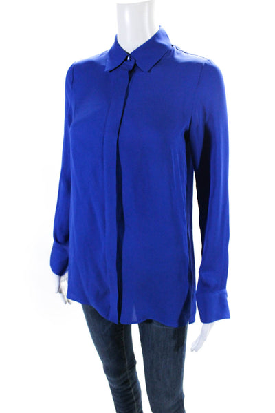 Vince Womens Silk Round Neck Long Sleeve Button Up Blouse Top Blue Size 2