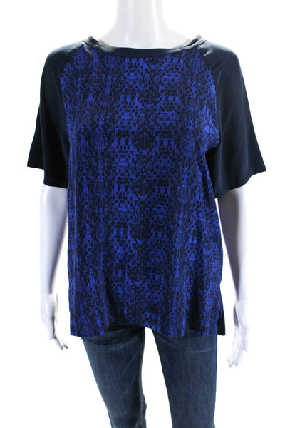 Vince Womens Silk Abstract Print Round Neck Short Sleeve Blouse Blue Size XS