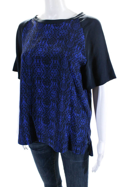 Vince Womens Silk Abstract Print Round Neck Short Sleeve Blouse Blue Size XS