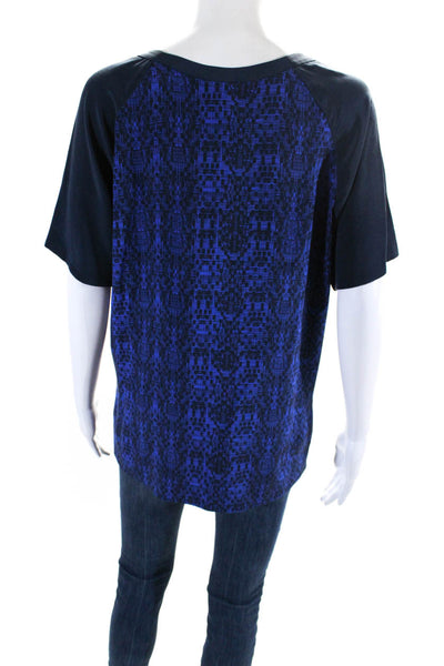 Vince Womens Silk Abstract Print Round Neck Short Sleeve Blouse Blue Size XS