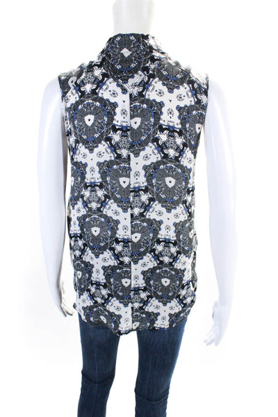 A.L.C. Womens Silk Abstract Print Collared Sleeveless Blouse Top White Size XS