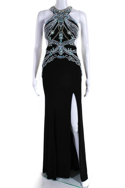Rachel Allan Womens Beaded High Neck Sleeveless Gown Black White Blue Size 2