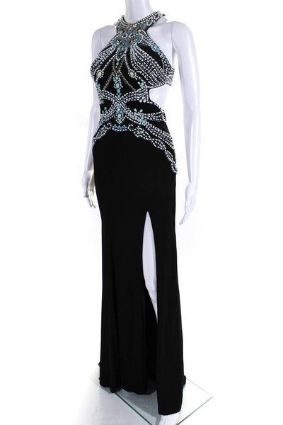 Rachel Allan Womens Beaded High Neck Sleeveless Gown Black White Blue Size 2