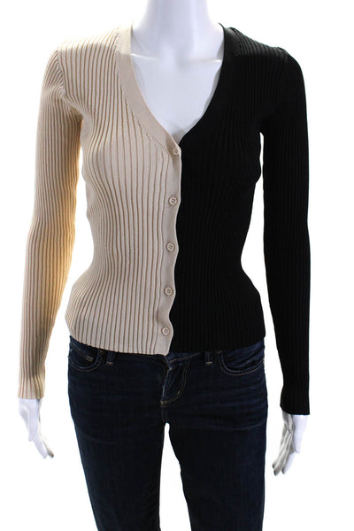 Staud Womens Ribbed Button Down Cardigan Sweater Beige Black Size Extra Small