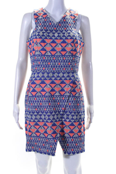 Nomad Womens Geomatric Print V Neck Pencil Dress Blue Pink Size 8P