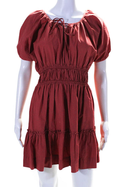 J Crew Womens Cotton Short Sleeve V Neck Ruffle A Line Dress Red Size S
