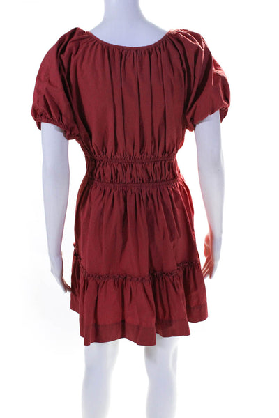 J Crew Womens Cotton Short Sleeve V Neck Ruffle A Line Dress Red Size S