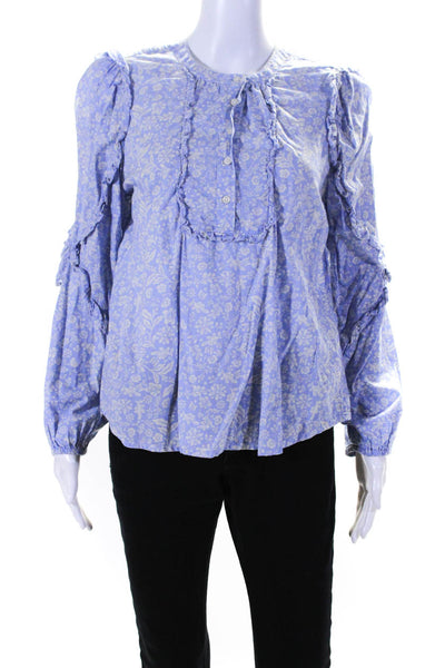 J Crew Womens Ruffled Floral Long Sleeved Buttoned Blouse Purple White Size S