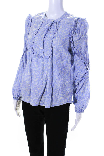 J Crew Womens Ruffled Floral Long Sleeved Buttoned Blouse Purple White Size S