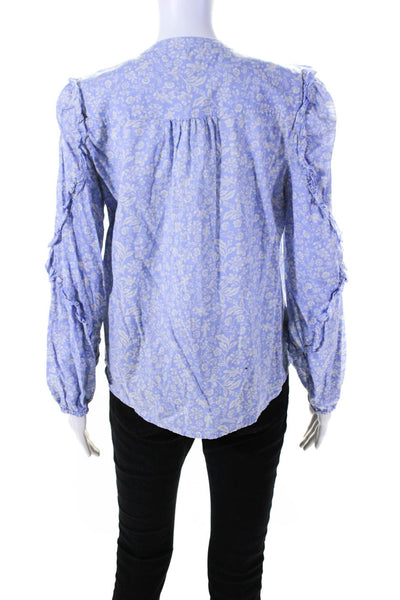 J Crew Womens Ruffled Floral Long Sleeved Buttoned Blouse Purple White Size S