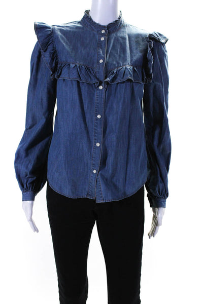 Veronica Beard Womens Ruffled Round Neck Long Sleeved Buttoned Shirt Blue Size 4