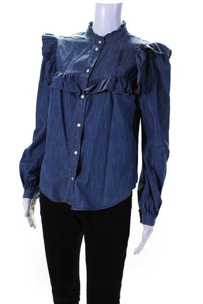 Veronica Beard Womens Ruffled Round Neck Long Sleeved Buttoned Shirt Blue Size 4