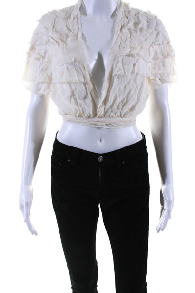 Reformation Womens Tiered Chiffon Raw Hem Wrap Crop Top Blouse Ivory Size XS