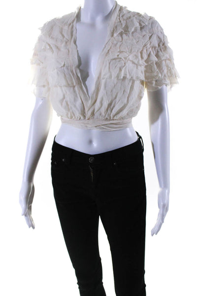 Reformation Womens Tiered Chiffon Raw Hem Wrap Crop Top Blouse Ivory Size XS