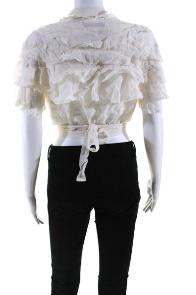 Reformation Womens Tiered Chiffon Raw Hem Wrap Crop Top Blouse Ivory Size XS