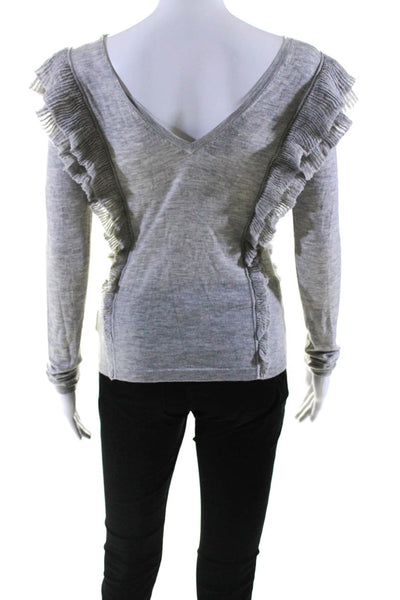 Intermix Womens V Back Crew Neck Ruffle Thin Knit Sweater Gray Wool Size Petite