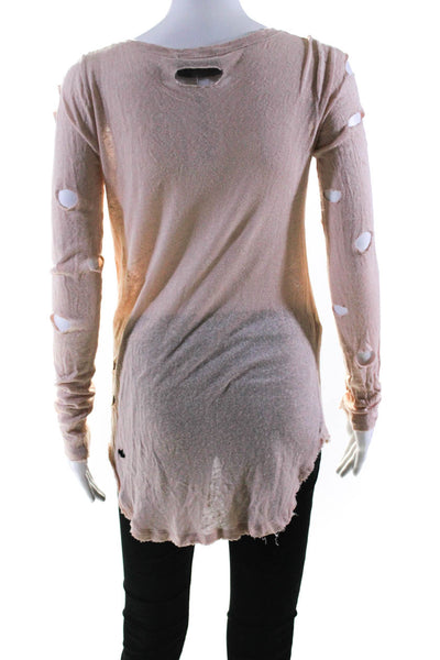 Andrea Bogosian Womens Distressed Long Sleeve V Neck Top Tee Shirt Beige Petite