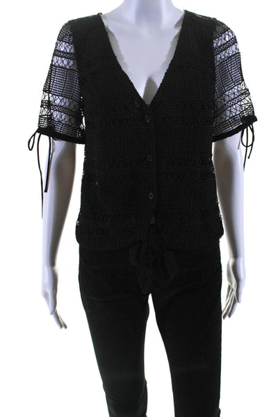 Tularosa Womens V Neck Guipure Lace Button Up Top Blouse Black Size Extra Small