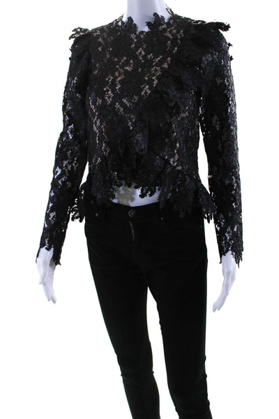 Saylor Womens Coated Lace Long Sleeve Ruffle Top Blouse Black Size Extra Small