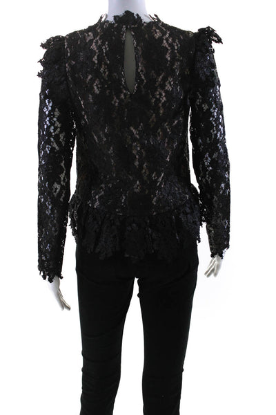 Saylor Womens Coated Lace Long Sleeve Ruffle Top Blouse Black Size Extra Small