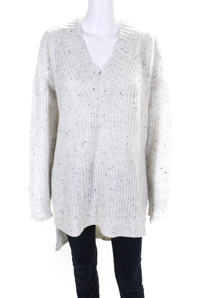 Intermix Womens Thick Knit Spotted Print V-Neck Split Hem Sweater White Size L