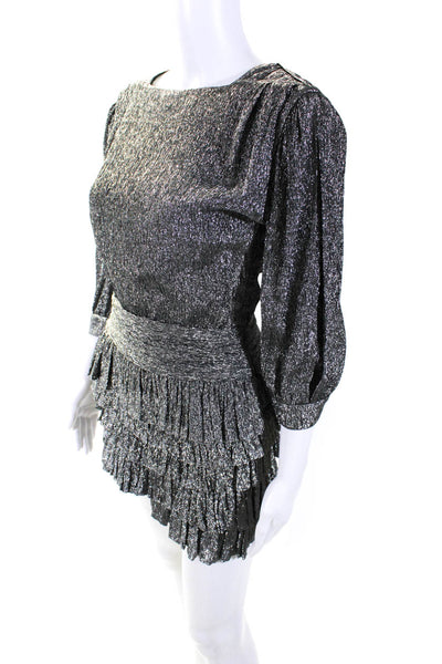 Saint Laurent Womens Silk Metallic Long Sleeve Ruffle Dress Silver Size 34