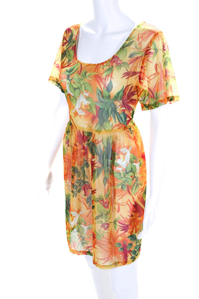 Baja Island Womens Short Sleeve Scoop Neck Mesh Floral Cover Up Orange Small