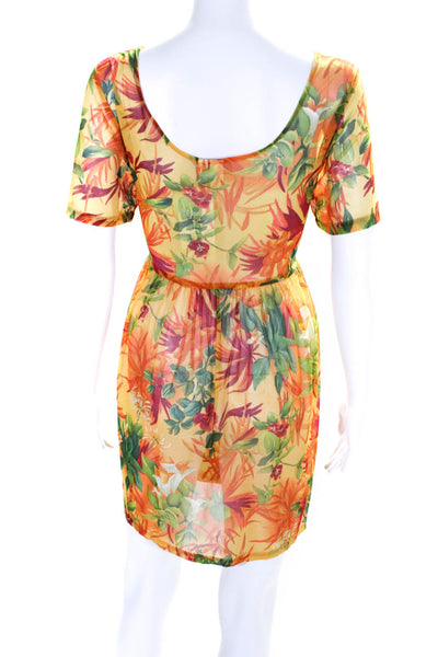 Baja Island Womens Short Sleeve Scoop Neck Mesh Floral Cover Up Orange Small