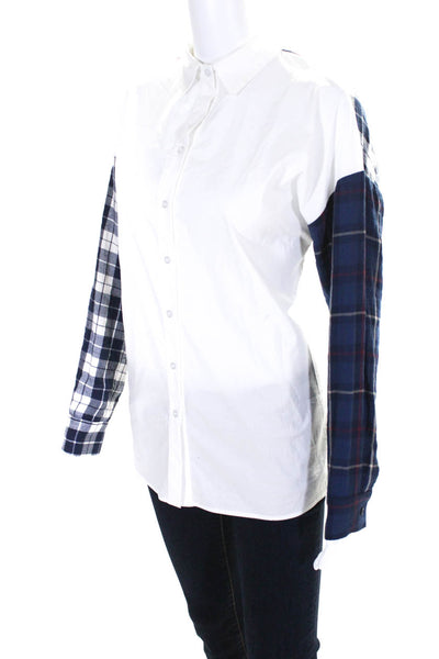 Drew Womens Button Front Plaid Long Sleeve Collared Shirt White Blue Size XS