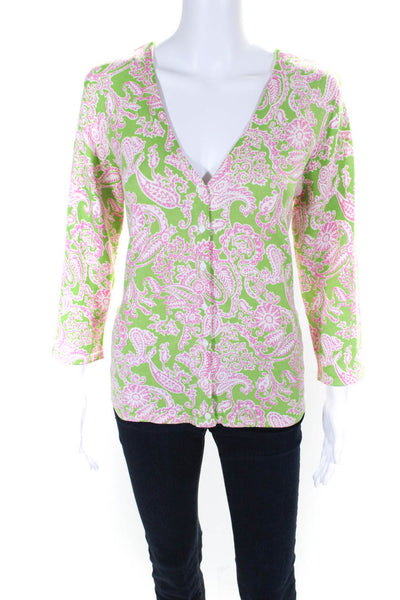 Carole Little Womens Button Front Floral Silk Knit Cardigan Sweater Green Medium