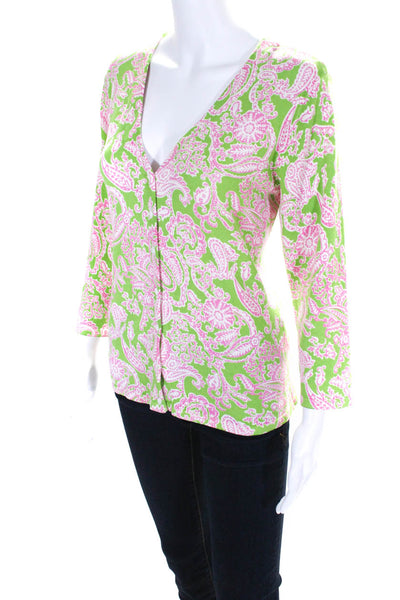 Carole Little Womens Button Front Floral Silk Knit Cardigan Sweater Green Medium