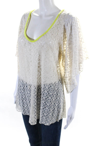Eberjey Womens Short Sleeve Scoop Neck Lace Shirt White Cotton Size S/M