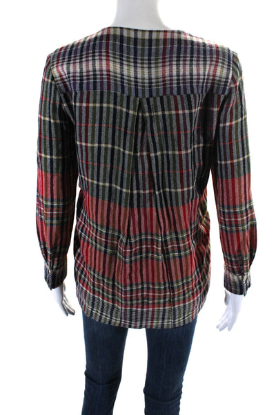 Thakoon Womens Red Plaid Ruffle V-Neck Front Zip Long Sleeve Blouse Top Size 4
