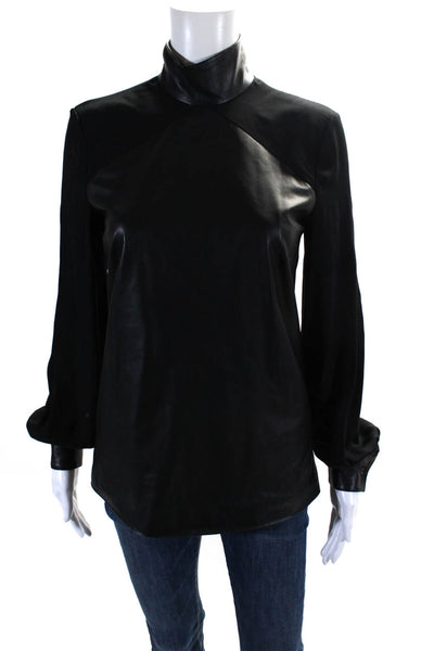 Tamara Mellon Womens Black Leather Silk Mock Neck Long Sleeve Blouse Top Size 0