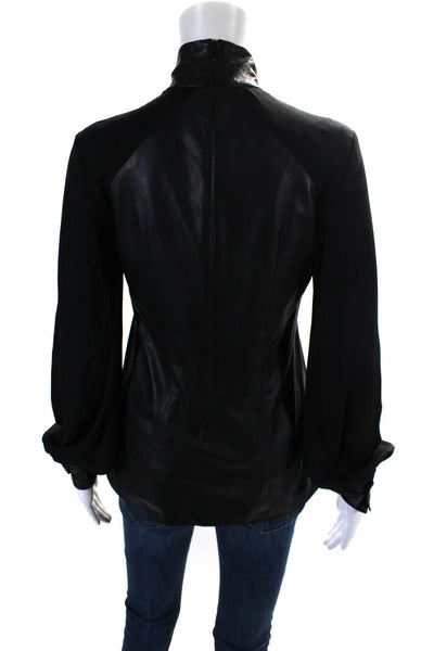 Tamara Mellon Womens Black Leather Silk Mock Neck Long Sleeve Blouse Top Size 0