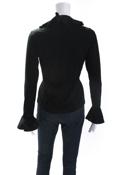 Anne Fontaine Womens Black Cotton Ruffle Long Sleeve Wrap Blouse Top Size 38