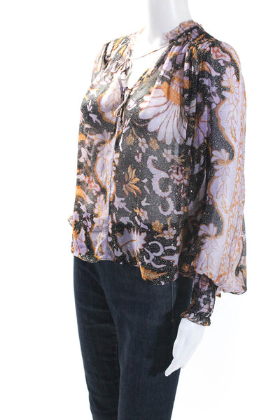Ulla Johnson Womens Purple Silk Floral V-Neck Long Sleeve Blouse Top Size 4