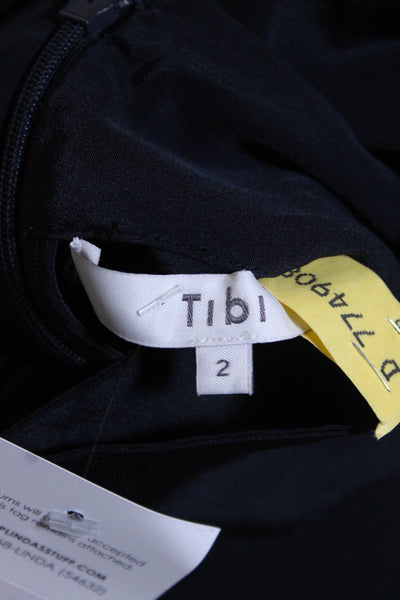 Tibi Womens Blue Silk Tie Crew Neck Zip Back Long Sleeve Blouse Top Size 2