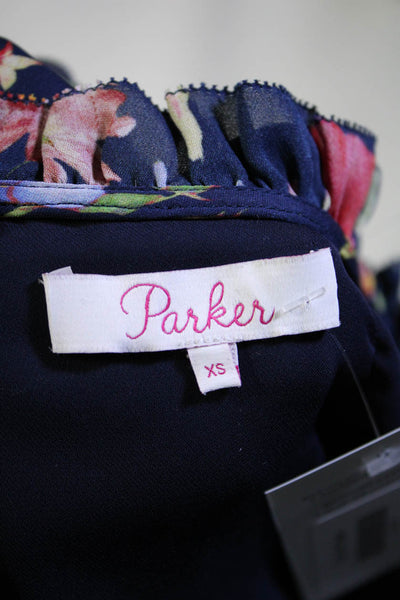 Parker Womens Navy Floral Silk Cold Shoulder Sleeveless Shift Dress Size XS